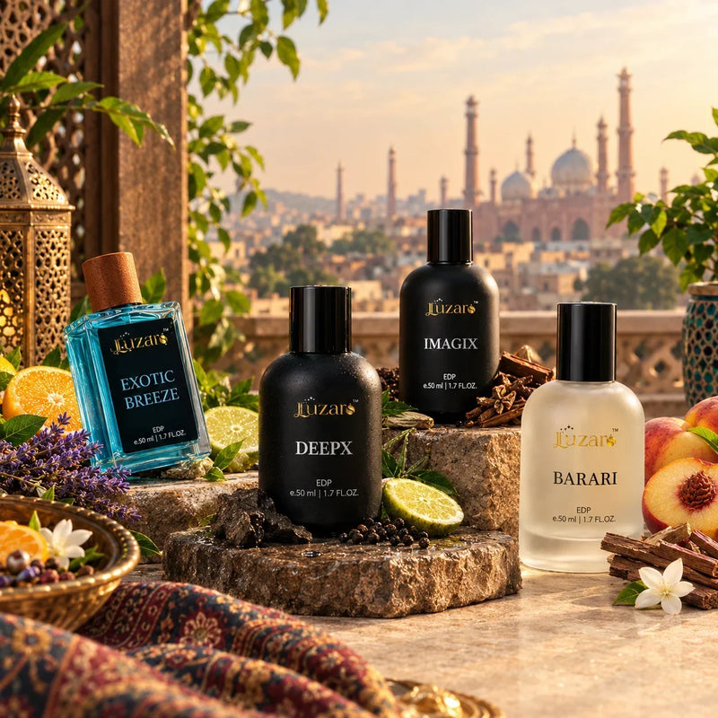 Luzaro perfume collection featuring Exotic Breeze, DeepX, Imagix, and Barari bottles arranged with citrus fruits, flowers, herbs, spices, and wood accents on a sunlit Pakistani-style terrace with a mosque-inspired cityscape in the background.