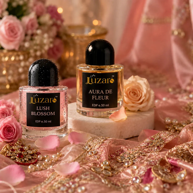 Luzaro Lush Blossom and Aura De Fleur perfumes styled with roses and bridal accessories for a Pakistani wedding