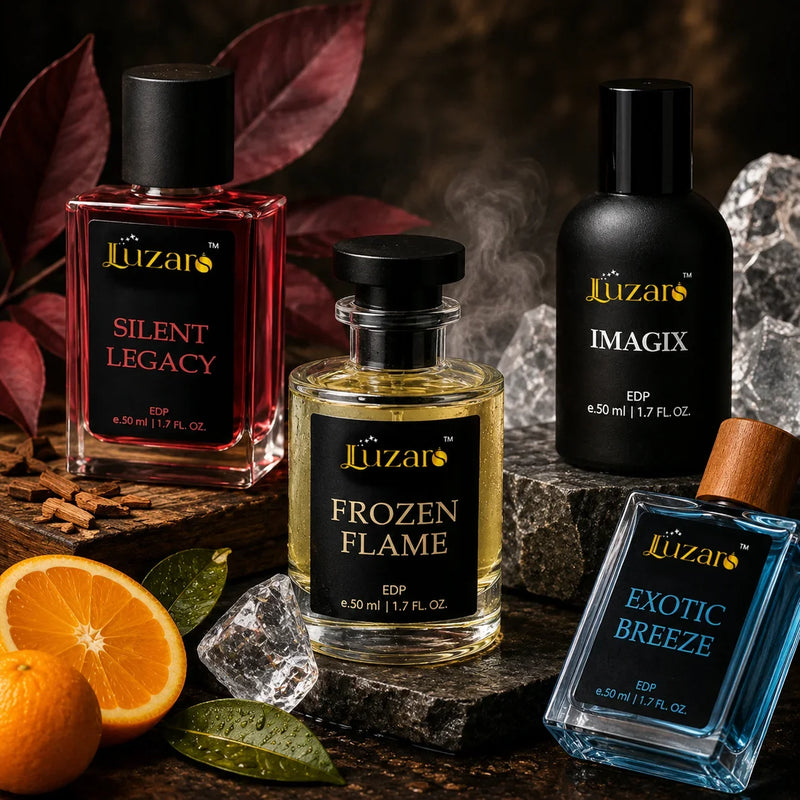 Tester vs original perfume comparison featuring Luzaro fragrance bottles