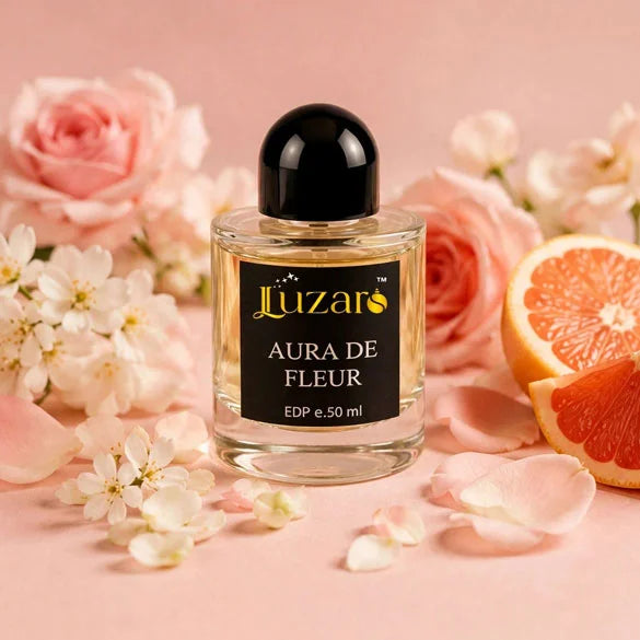 Luzaro Aura De Fleur EDP e.50 ml perfume bottle with black dome cap on soft pink background surrounded by pink roses, white cherry blossoms, pink petals and grapefruit slices – romantic floral feminine fragrance lifestyle shot