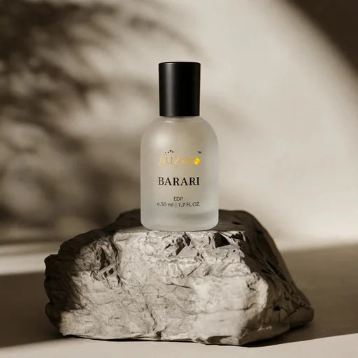 Luzaro Barari EDP 50ml frosted perfume bottle with plain black cap no logo on grey stone rock with soft leaf shadow minimal beige background – luxury fragrance 512x512