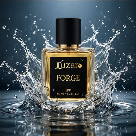 Luzaro Forge EDP 50ml golden square perfume bottle with plain black cap no logo surrounded by dramatic water splash on dark blue grey background with reflective water surface – luxury dynamic fragrance 435x435