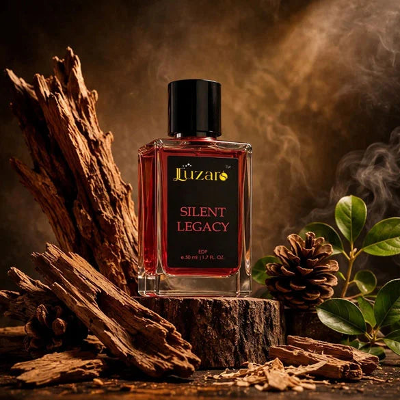 Luzaro Silent Legacy EDP 50ml red perfume bottle on rustic wood stump with oud wood shavings, pinecone, green leaves and smoky warm light – luxury woody oud fragrance lifestyle shot